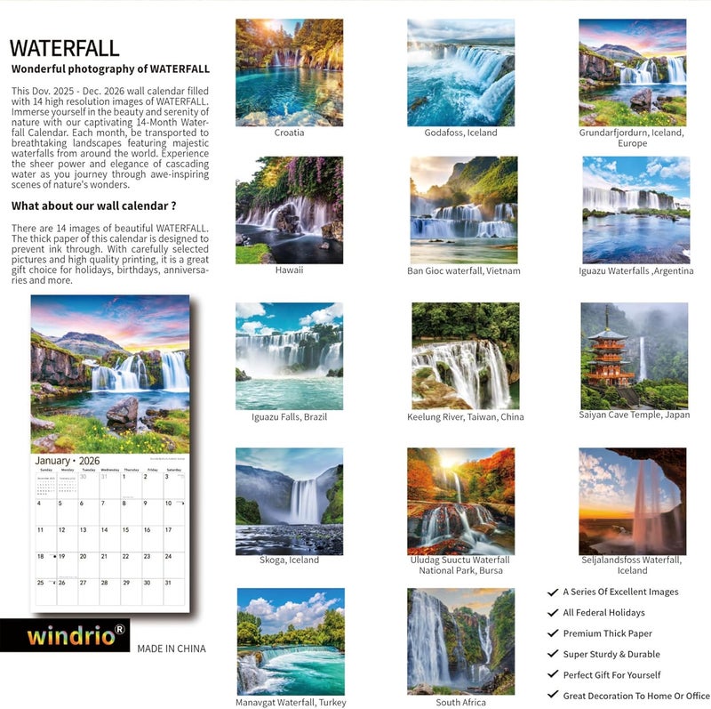 windrio 2026 Wall Calendar,Calendar 2026, November 2025 - December 2026, Wall Calendar Waterfall, 12" x 24" Opened,Full Page Months Thick & Sturdy Paper for Calendar Organizing & Planning - Image 2